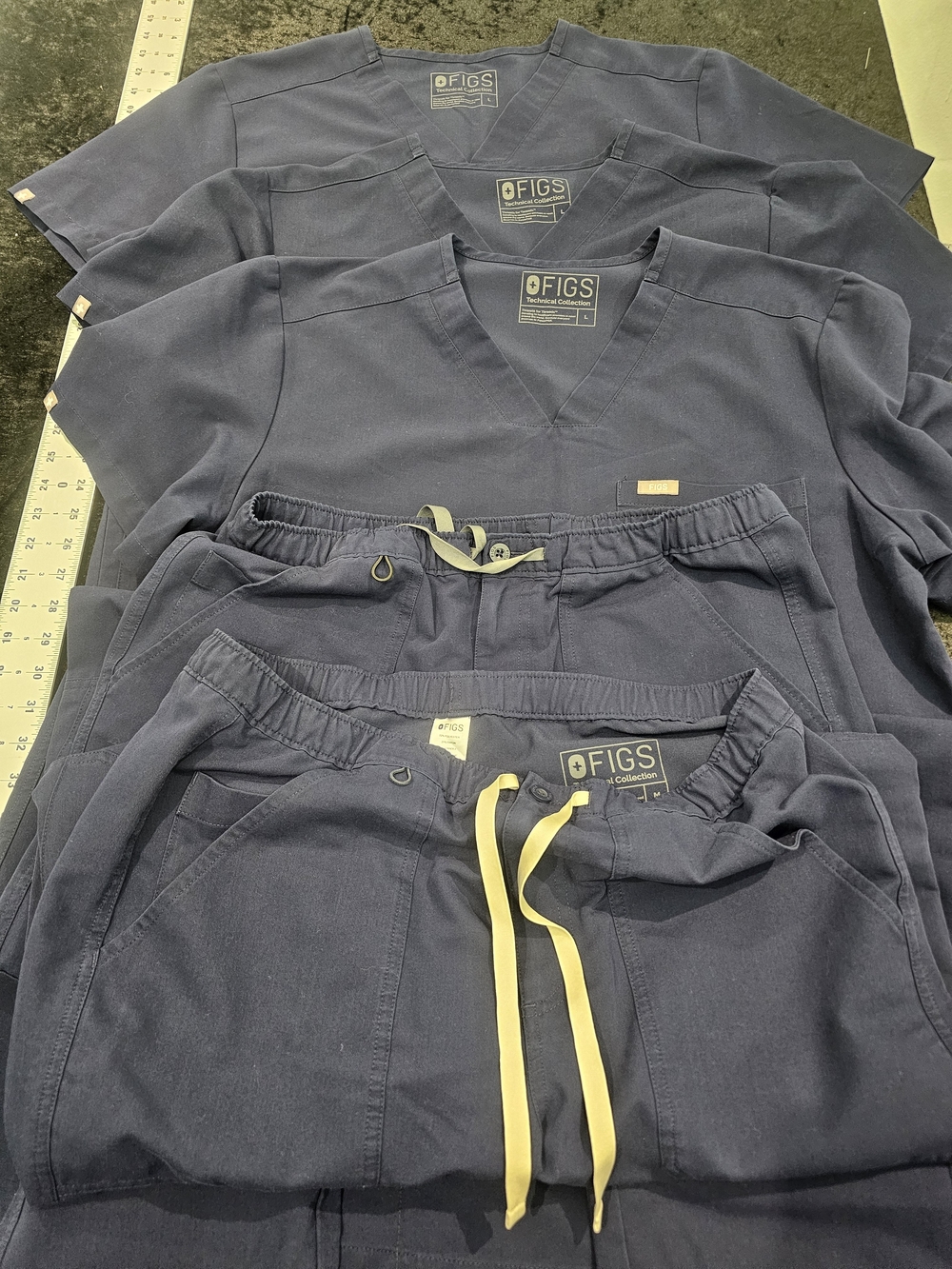 FIGS Navy Scrub Tops and Pants Set with Yellow Drawstring